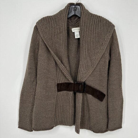 Soft Surroundings Belted Cardigan Sweater XS Chunky Knit Wool Shawl Collar Taupe - Picture 1 of 7